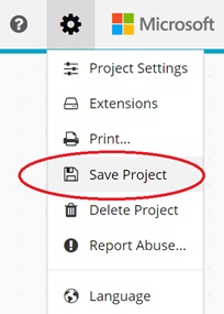 Save project menu selection